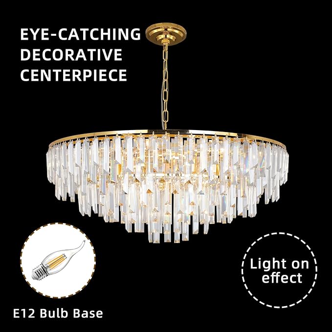 Gold Modern Round Top K9 Crystal Chandelier Lighting Fixture, 13 Lights Round K9 Crystal Adjustable Hanging Lamp for Dining Room Bedroom Living Room,Hallway,Bar,Kitchen W31''