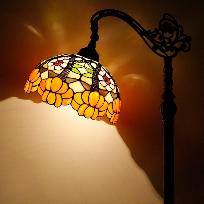 Tiffany Floor Lamp Stained Glass Orange Flower Style Arched Reading Light Gooseneck Adjustable Corner Standing Lamp 12X16X66 Inch for Bedroom Living Room Home Office