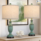 TOBUSA Farmhouse Living Room Table Lamps Set of 2, Green Rustic Vintage Table Lamps for Bedroom Nightstand, Antique Bedside Desk Lamps with Linen Shade, 22’’ Traditional Resin Lamp Sets for End Table