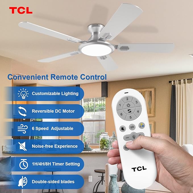 TCL Ceiling Fans with Lights, 52 Inch Low Profile Ceiling Fan with Light and Remote Control, Flush Mount, DC Reversible Motor, Noiseless, 6 Speeds Ceiling Fan for Bedroom (Silver)