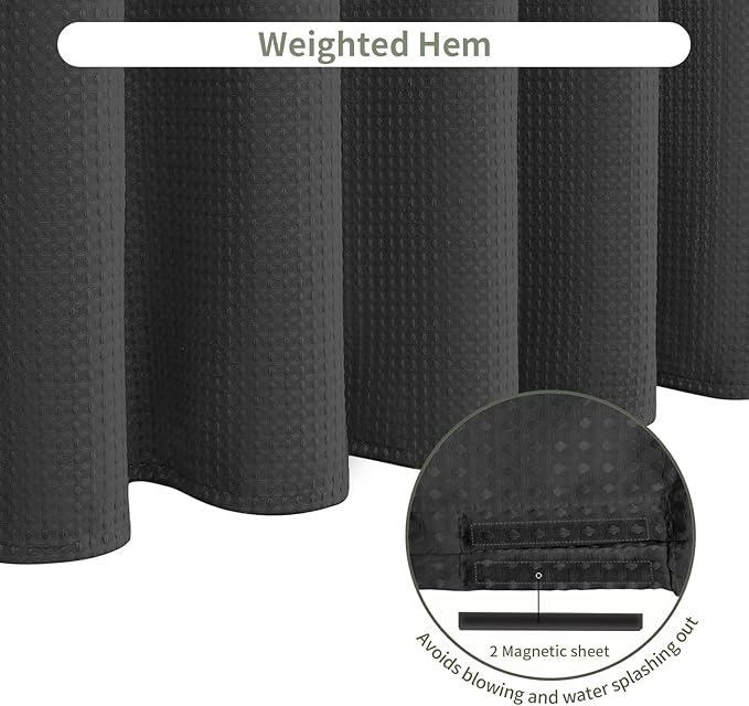 Inhousolu Fabric Shower Curtain Waffle Weave, 230 GSM Heavy Duty, Weighted Hem, 14 Metal Hooks, Water Repellent, Machine Washable, Hotel Spa Luxury Bath Curtain Set, 72 x 96 Inch, Black