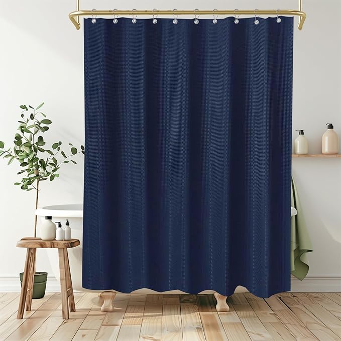 Boho Shower Curtain Set, Waterproof Fabric Shower Curtains, Luxury Hotel Style, Waffle Texture, Heavy Duty, Extra Long Bath Curtain, No Hook, Bathroom Decor, 72x60 Inch, Blue