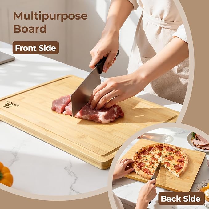 Large Bamboo Cutting Boards Set of 4 for Kitchen, Bamboo Charcuterie Chopping Board with Holder Non Slip, Steak Serving Tray with Juice Groove, Big Butcher Block for Cheese, Ideal for Gift