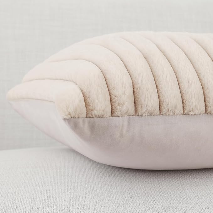 Pallene Faux Fur Plush Throw Pillow Covers 22x22 Set of 2, Luxury Soft Fluffy Striped Decorative Pillow Covers for Sofa, Couch, Living Room, Apricot