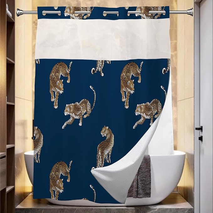 Boho Leopard Cheetah Theme no hook Tropical Forest Wildlife Animal Shower Curtain with Snap in Fabric Liner Set, Detachable Liner,See Through Mesh Top Window,Waterproof Washable 72"W x 74"H