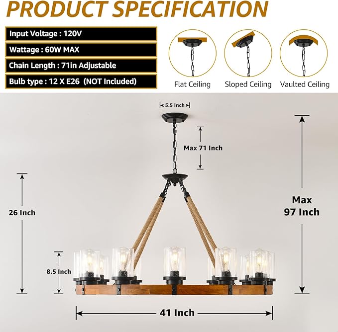 12-Light Wood Wagon Wheel Chandelier, 40-inch Round Vintage Hanging Light Fixtures with Seeded Glass Shade for Living Room Café Foyer E26
