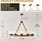 12-Light Wood Wagon Wheel Chandelier, 40-inch Round Vintage Hanging Light Fixtures with Seeded Glass Shade for Living Room Café Foyer E26