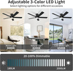 52 Inch Black Ceiling Fans with Lights and Remote, LED Low Profile Flush Mount Ceiling Fan for Bedroom, Living Room, with Quiet DC Motor, Dimmable 6 Speeds