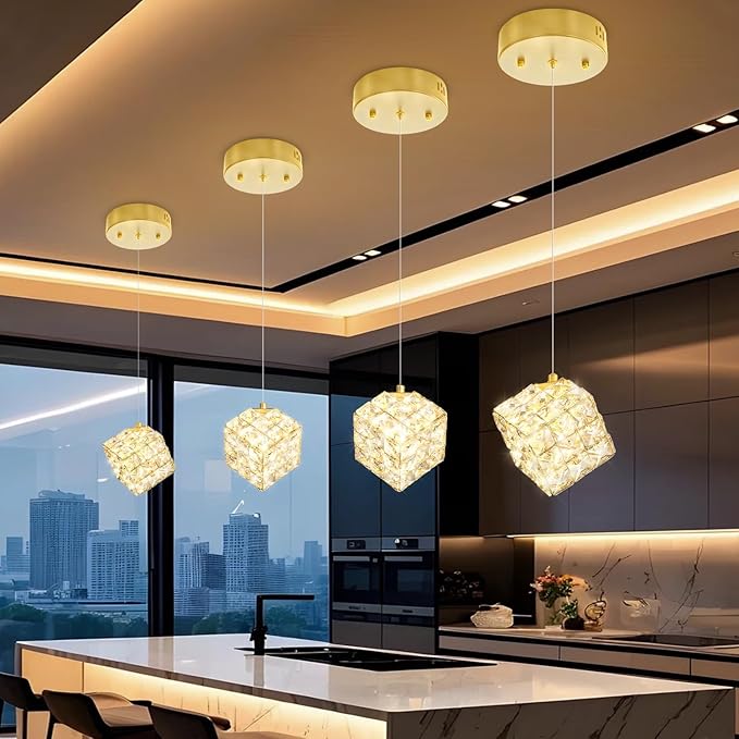1-Light Modern Gold Pendant Light Fixtures for Kitchen Island Small Hanging Crystal Chandelier for Bedroom Entryway Living Room Foyer Hallway LED Dimmable Chandeliers for Dining Room