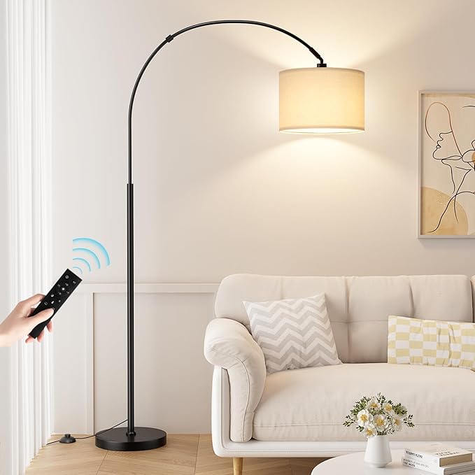 Ambimall Dimmable Arc Floor Lamp with Remote, Color Temperatures and Brightness Adjustable, Arched Floor Lamp with Rotating Head, Over Couch Arched Reading Light for Living Room (White and Black)