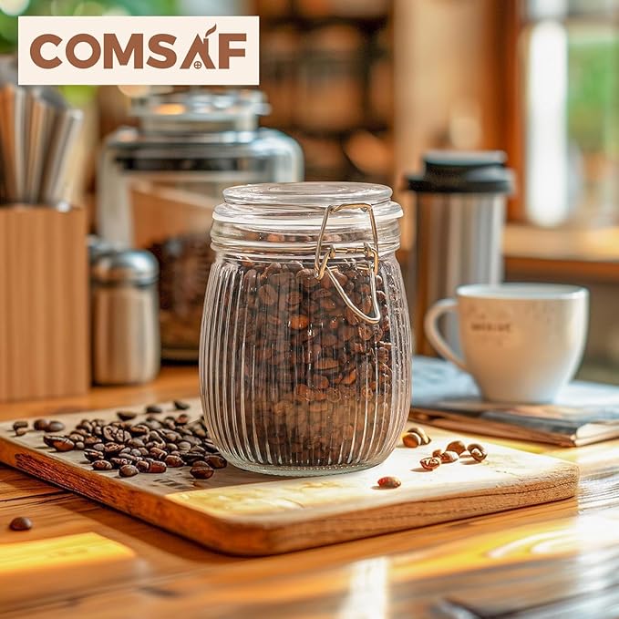 ComSaf Airtight Glass jar with lid 25oz Set of 6, Glass Storage Containers with Lids, Glass Canister, Mason Jars, Striped Clip Fastening Jar for Kitchen Canning, Oat, Coffee, Pasta, Snack, Nut, Candy