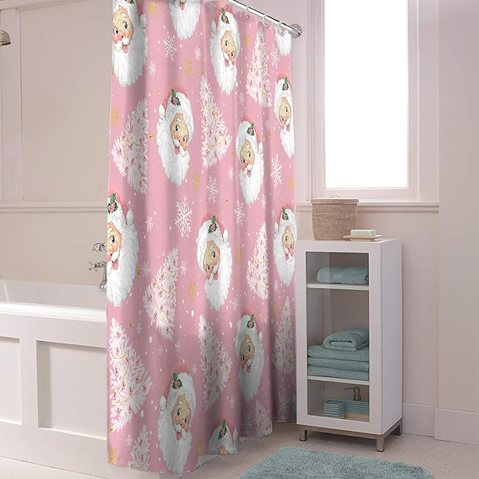 Pink Christmas Shower Curtain, Santa Claus Merry Christmas Tree Shower Curtains Set with Hooks, Winter Snowflake Waterproof Fabric Bathroom Curtains Decor Home Accessories,66 X 72 Inch Long