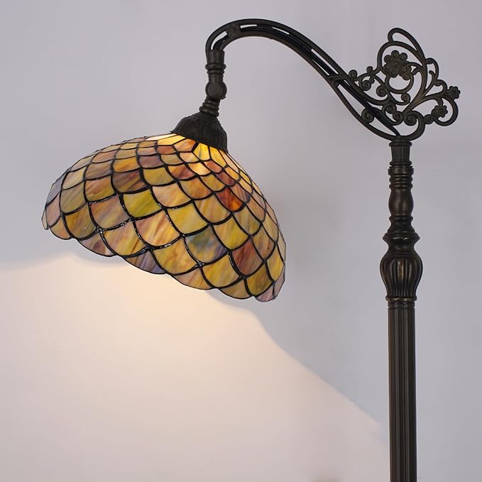 Tiffany Floor Lamp Stained Glass Fish Scales Style Arched Reading Light Gooseneck Adjustable Corner Standing Lamp 12X16X66 Inch for Bedroom Living Room Home Office