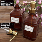GLADPURE Soap Dispenser 2 Pack, Hand Soap Dispensers with 18 Oz Antique Design Thick Amber Glass Bottle, 316 Rust Proof Stainless Steel Pump, 6Pcs Stickers, for Lotion, Soap - Brushed Gold