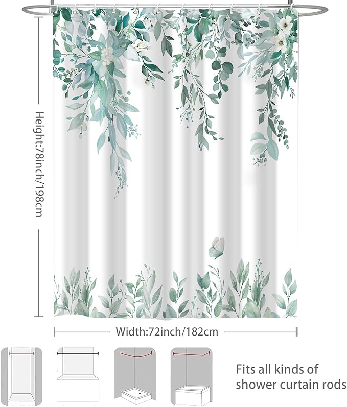 Eucalyptus Shower Curtain, Teal Watercolor Leaves with Floral Botanical Bathroom Decor, Waterproof Fabric Bath Curtain Set with Hooks, 72x78 Inches