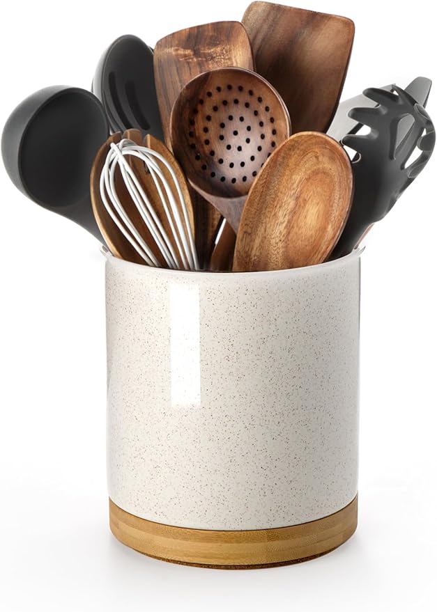 Nucookery 360°Rotating Utensil Holder, 7.2" Large Utensil Crock, Ceramic Cooking Utensil Organizer with Countertop-Protection Cork Bottom for Farmhouse Kitchen Decor Christmas Thanksgiving Gift (Sand)