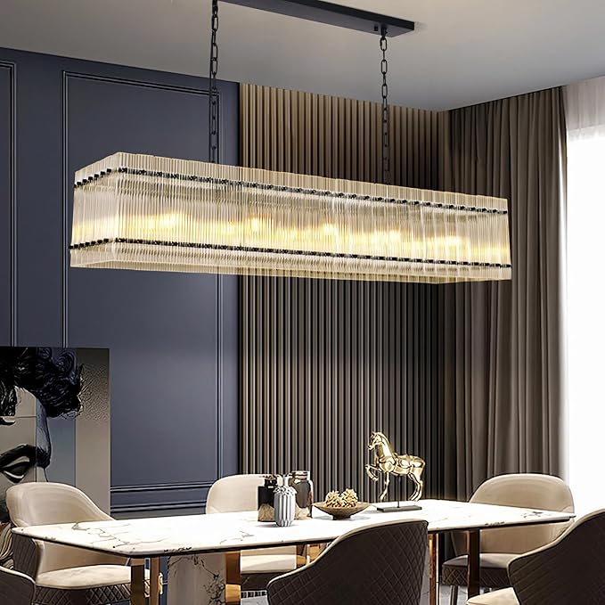 55 Inch Modern Rectangular Black Crystal Glass Chandeliers, Dining Room Chandeliers, for Living Room、Kitchen Island、Foyer, Water Ripple Chandelier, Adjustable Hanging Chandelier