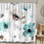 Boho Floral Shower Curtain, Cream Tan Beige Teal Grey White Flower Farmhouse Fabric Shower Curtains Set for Bathroom Decorative with Hooks 72 X 78 inch Spring Bath Decor