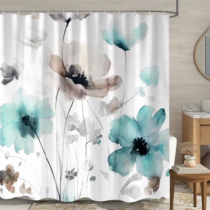 Boho Floral Shower Curtain, Cream Tan Beige Teal Grey White Flower Farmhouse Fabric Shower Curtains Set for Bathroom Decorative with Hooks 60 X 72 inch Spring Bath Decor