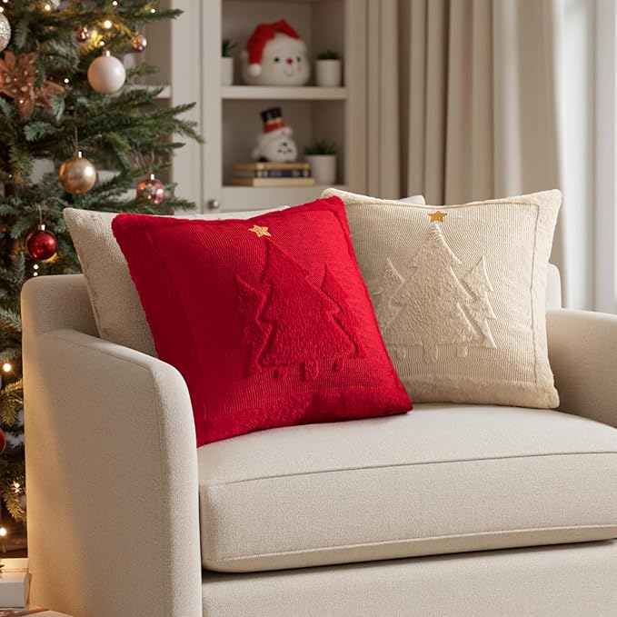 MIULEE Christmas Trees Pillow Covers Set of 2 Decorative Soft Throw Pillows Plush Faux Fur Wool Embroidered Couch Cushion for Holiday Winter Home Decor Chair Sofa Bedroom Living Room,Red 18x18inch