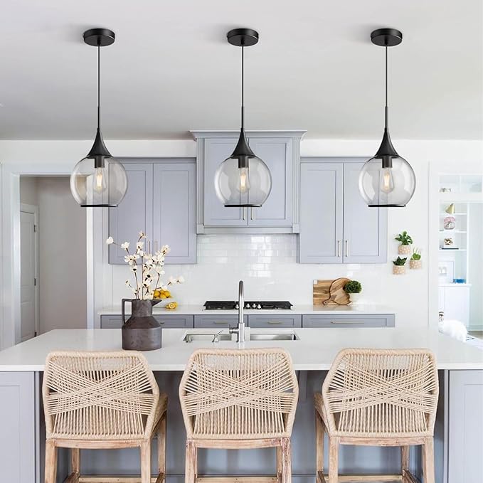 Pendant Lights Kitchen Island: 3 Pack Black Light Fixture Modern with Clear Glass - 10 Inch Mid Century Globe Kitchen Lighting Fixtures Ceiling for Hallway Bar