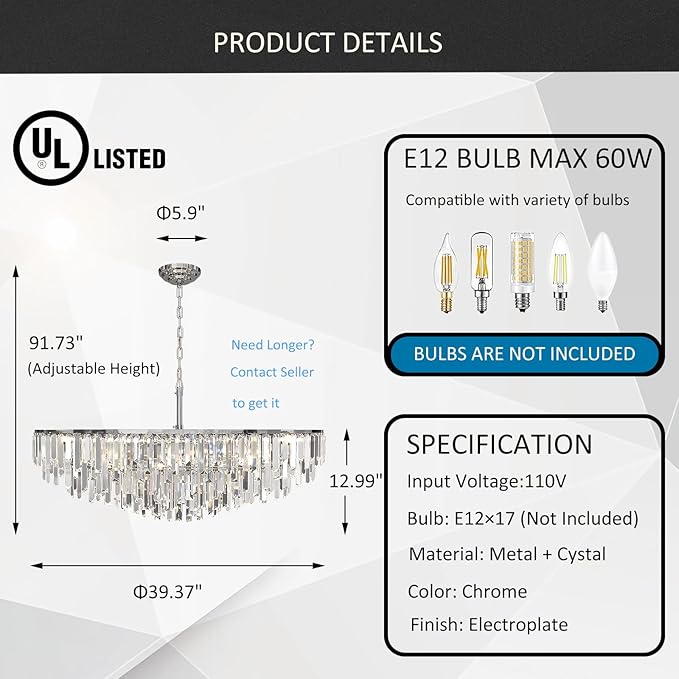 Chrome Crystal Chandelier for Dining Room, 40" Modern Round Luxury Chandeliers 7-Tier 17 Lights Large Adjustable Height Ceiling Hanging Pendant Light Fixture for Living Room Bedroom Foyer