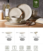 Famiware Dinnerware Sets for 6, Ocean Round 18-Piece Kitchen Plates and Bowls Sets, Microwave and Dishwasher Safe, Scratch Resistant, Light khaki