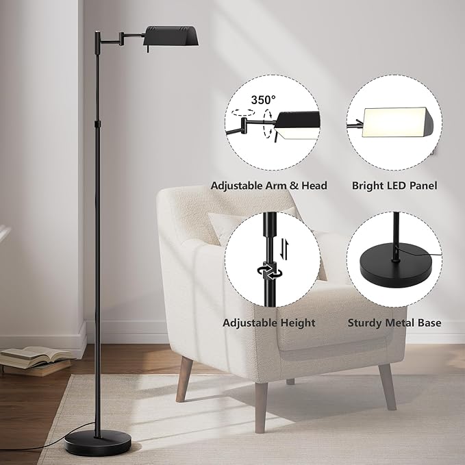 SUNMORY Dimmable LED Pharmacy Floor Lamp, Adjustable Floor Lamp for Living Room with 350° Swing Arm, Touch & Remote Control, 16W Bright Standing Task Lamp for Reading Sewing Crafting