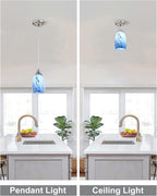 Mini Pendant Lights Kitchen Island White Blue Glass Lamp Shade Hand Blown Glass Pendant Light with Brush Nickel Finish Adjustable Cord for Kitchen Over Sink Hallway,Dining Room,Stairs Way