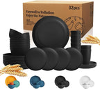 Wrova 32-piece Kitchen Alternative Melamine Wheat Straw Dinnerware Sets,Unbreakbale Dishwasher Safe Kitchen Bowls and Plates Sets with Cups,Apartment Essential Dishes Set for 8.Black Series