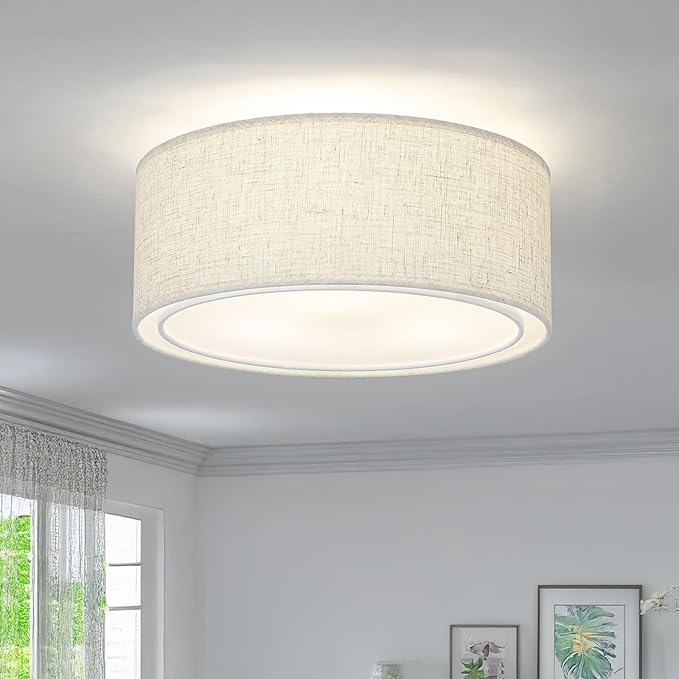Luupyia 12.59 Inches Fabric Drum Ceiling Light Fixture, 3-Lights White Simple Semi Flush Mount Ceiling Lights with Double Fabric Shade, Drum Overhead Lighting for Bedroom Hallway E26, 60W