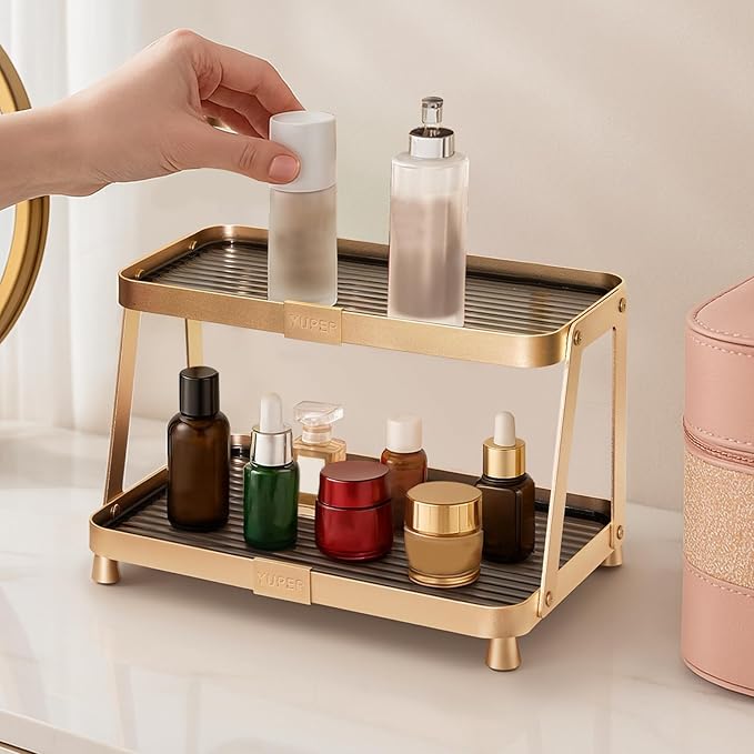 YUPER Bathroom Organizer Countertop, 2-Tier Counter Organizer for Bathroom Decor, Sink Shelf for Vanity Storage, Large Makeup Tray for Perfume Skincare Bedroom Kitchen Corner