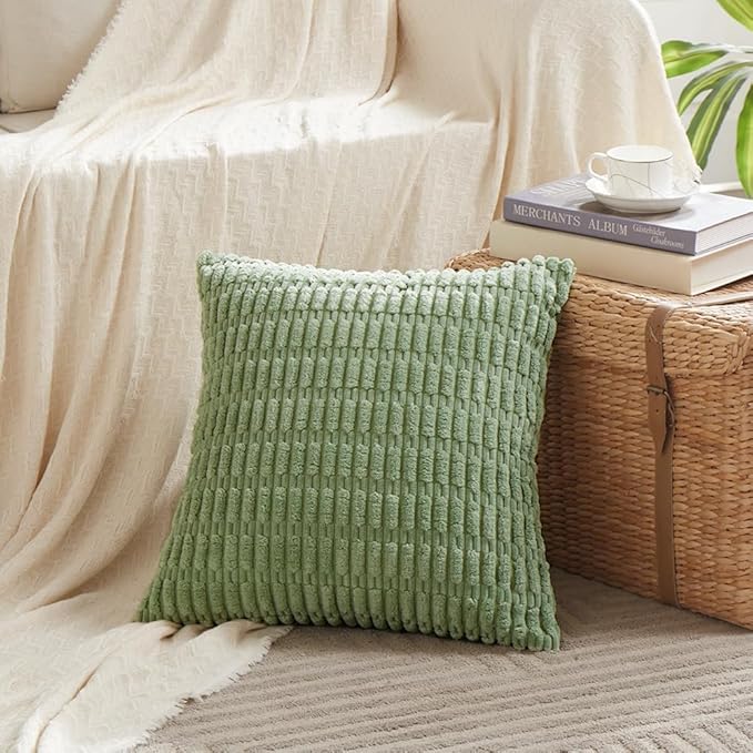 Fancy Homi Sage Green Decorative Throw Pillow Covers 16x16 Inch for Living Room Couch Bed Sofa, Soft Striped Corduroy Square Cushion Case 40x40 cm, Rustic Farmhouse Boho Home Decor
