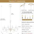 Distressed White French Country Chandelier 8 Lights Rustic Farmhouse Chandelier for Dining Room Light Fixture Candle Pendant Lights Handmade Wood Chandeliers for Living Room Bedrooms Kitchen