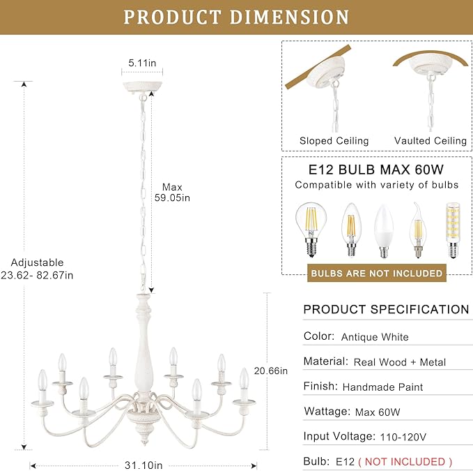Distressed White French Country Chandelier 8 Lights Rustic Farmhouse Chandelier for Dining Room Light Fixture Candle Pendant Lights Handmade Wood Chandeliers for Living Room Bedrooms Kitchen