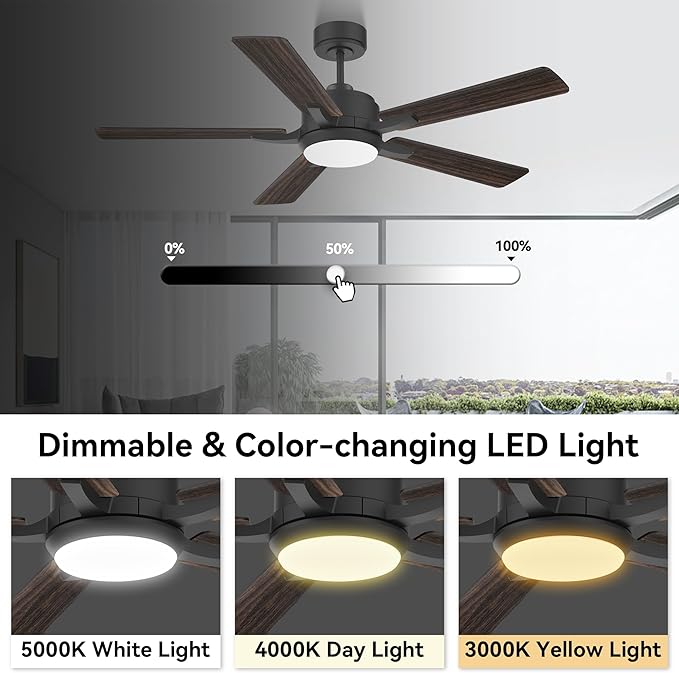 cumilo 52” Smart Ceiling Fanswith Lights Remote Control,Quiet DC Motor,Outdoor Indoor Modern Farmhouse Ceiling Fan work with Alexa App,Dimmable LED Light,Black/Brown for Bedroom Living Room Patio