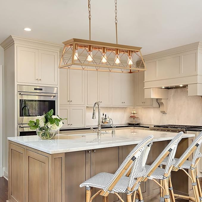Q&S Modern Farmhouse Chandelier Light Fixtures,5-Lights Gold Linear Industrial Light Fixtures for Kitchen Island Bar Dining Table UL Listed