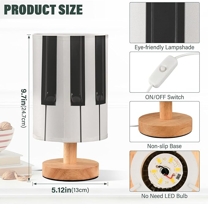 Table Lamp Piano Key Black and White Musical Instrument Nightstand Lamp with Wood Base Fabric Lamp Shade Bedside Desk Lamp for Living Room Bedroom Kids Room Office