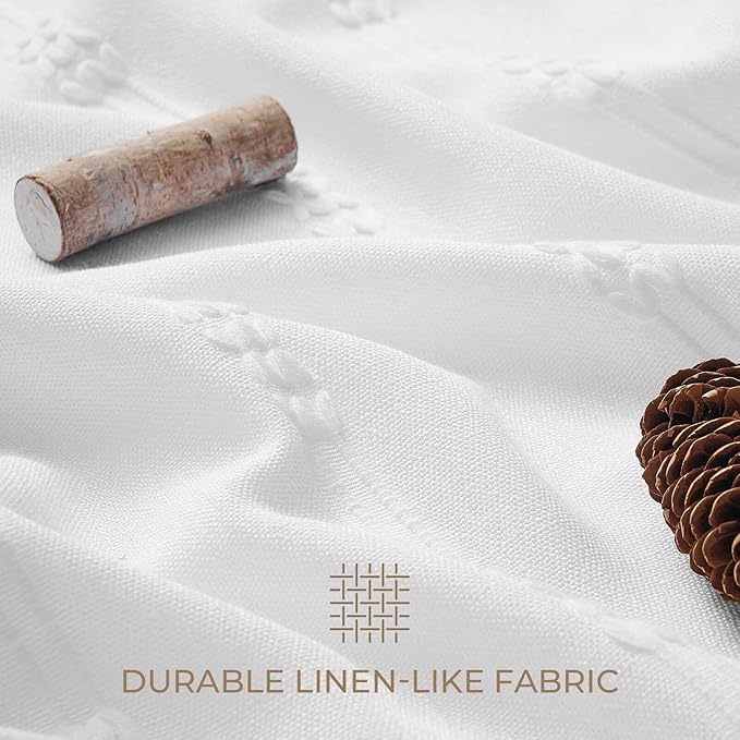 downluxe Linen Texture 3 in 1 Farmhouse Shower Curtain Set with Tassel, Boho Fabric Shower Curtains for Bathroom, White, 72W x 78L