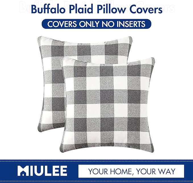 MIULEE Pack of 2 Classic Farmhouse Buffalo Check Plaids Polyester Linen Soft Solid Grey and White Decorative Throw Pillow Covers Home Decor Outdoor Cushion Case for Sofa Bedroom 24 x 24 Inch