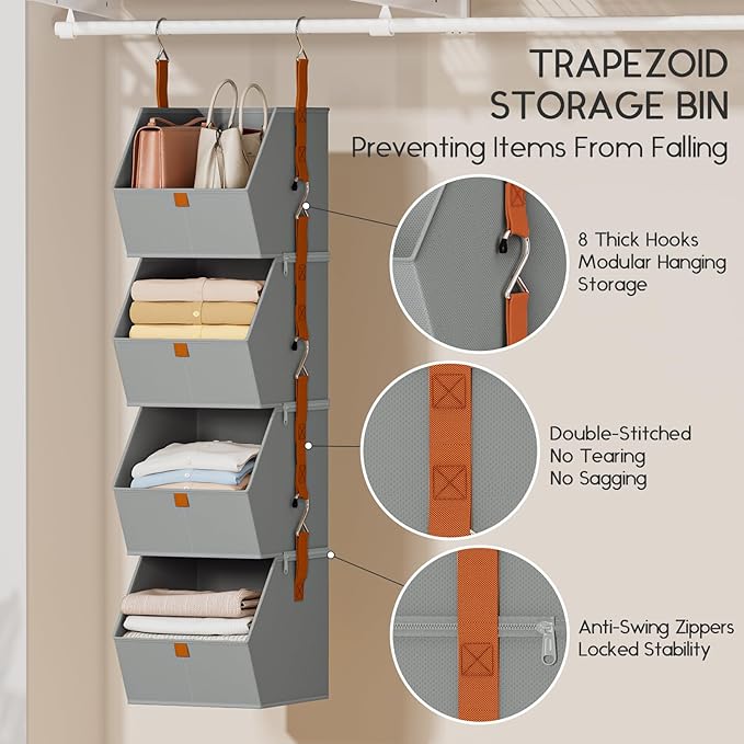 Hanging Closet Organizer 4 Tier - Clothes Hanging Shelves, Space-Saving Closet System, Fabric Storage Bins Bedroom Organization, Collapsible Baskets for Home, Dorm, Rv, Grey, 2 Pack