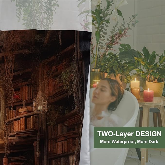 Antique Room for Study Theme Vintage Medieval Library Shower Curtain with Snap in Fabric Liner Set, Detachable Liner, See Through Mesh Top Window, Waterproof Washable 72" W x 74" H