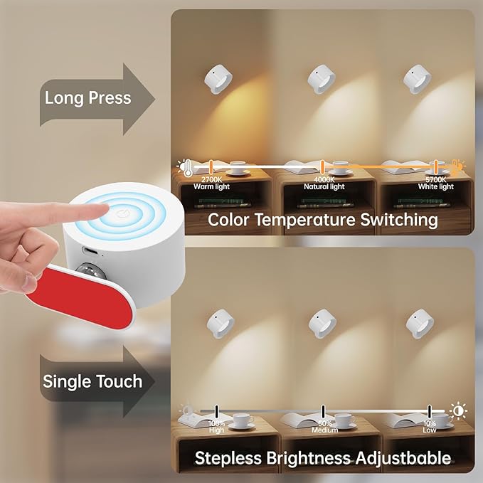 Romote LED Wall Sconce - Rechargeable Wall Light, 3 Colors & 3 Brightness Levels, 360째 Magnetic Rotating Head, Bedside Reading Lamp, Easy Install Battery Operated Wall Lamp Black Pack of 2