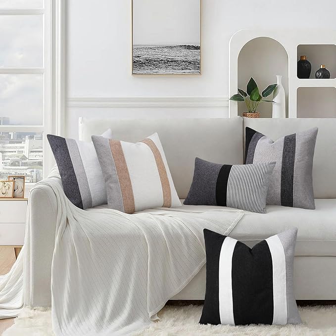 Adabana Modern Pillow Covers 18x18 Set of 2 Farmhouse Decor Patchwork Linen Cushion Covers for Living Room Couch Bed Grey and White