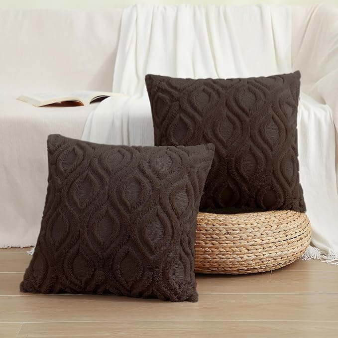 decorUhome Throw Pillow Covers 20x20 Inch Set of 2, Soft Plush Decorative Faux Fur Dark Brown Solid Couch Pillow Covers, Accent Farmhouse Neutral Square Euro Pillow Cases for Sofa Bed Living Room