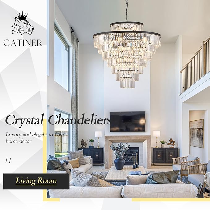 43.3" Large Crystal Chandeliers 28 Lights Black Modern Chandelier for Foyer Staircase High Ceiling 8 Tiers Round K9 Ceiling Pendant Lighting Fixture Luxury for Lobby Living Room