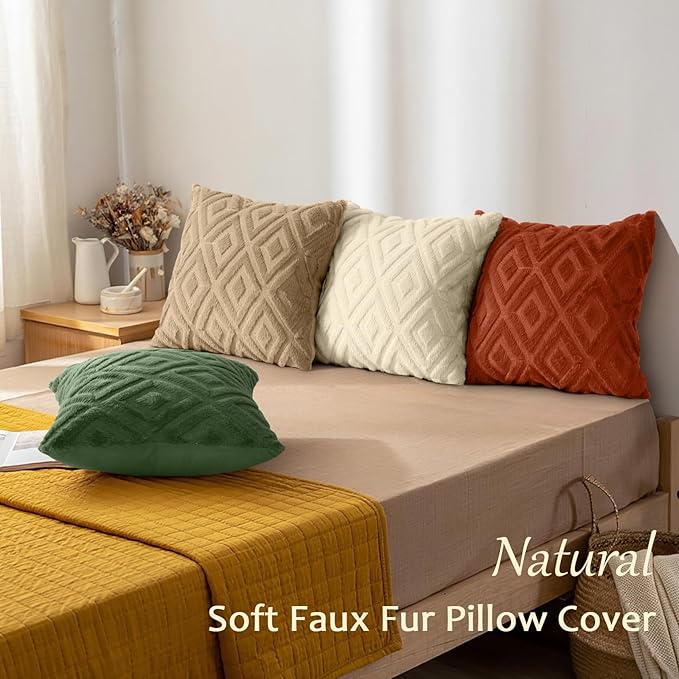 decorUhome Pack of 4 Faux Fur Throw Pillow Covers 18x18, Soft Decorative Couch Pillow Covers with Velvet Back for Modern Sofa Living Room, Khaki/Rust