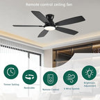 52inch Flush Mount Ceiling Fans with Lights and Remote Control/APP Control, DC Reversible Motor, Noiseless, Dimmable, Low Profile Black Ceiling Fan for Bedroom Indoor/Outdoor Use