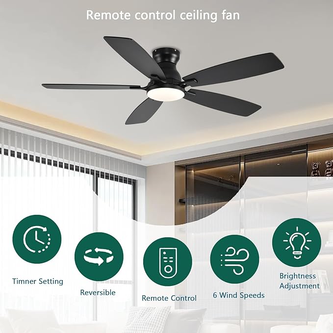 52inch Flush Mount Ceiling Fans with Lights and Remote Control/APP Control, DC Reversible Motor, Noiseless, Dimmable, Low Profile Black Ceiling Fan for Bedroom Indoor/Outdoor Use