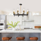 8 Light Gold Chandelier for Dining Room Light Fixtures Black & Brushed Brass Modern Farmhouse Chandelier Industrial Hanging Pendant Lighting for Living Room Kitchen with Glass Shade